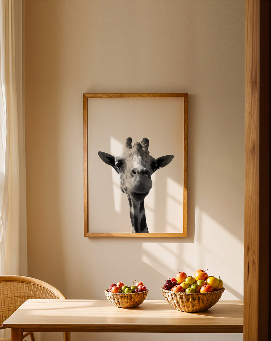 Happy giraffe - Framed poster in an interior
