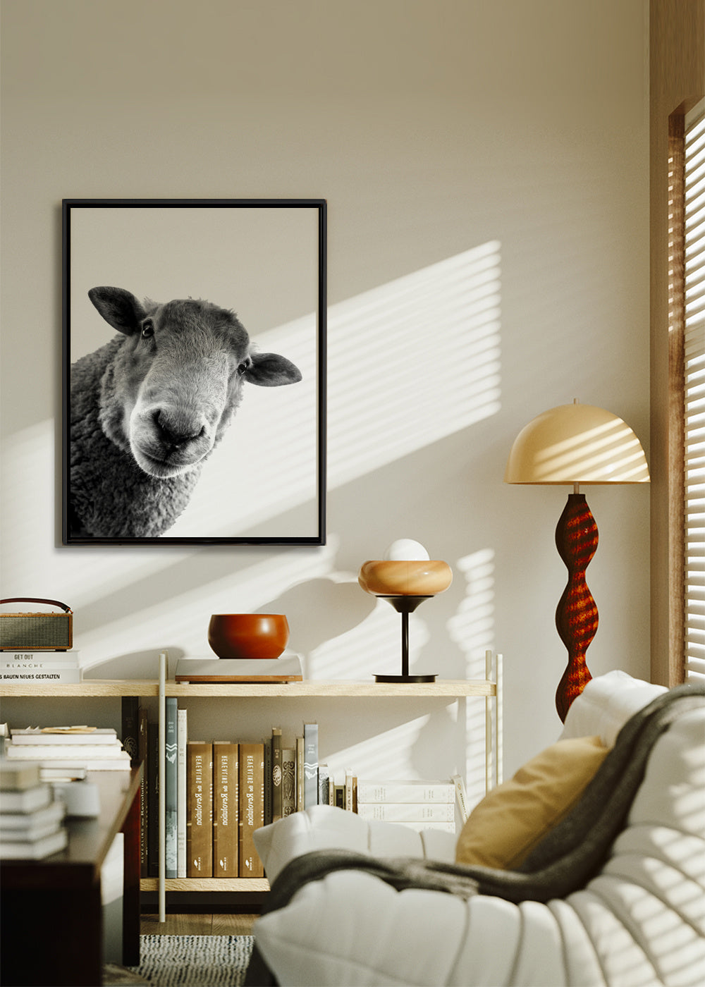 Curious sheep - Framed canvas in an interior