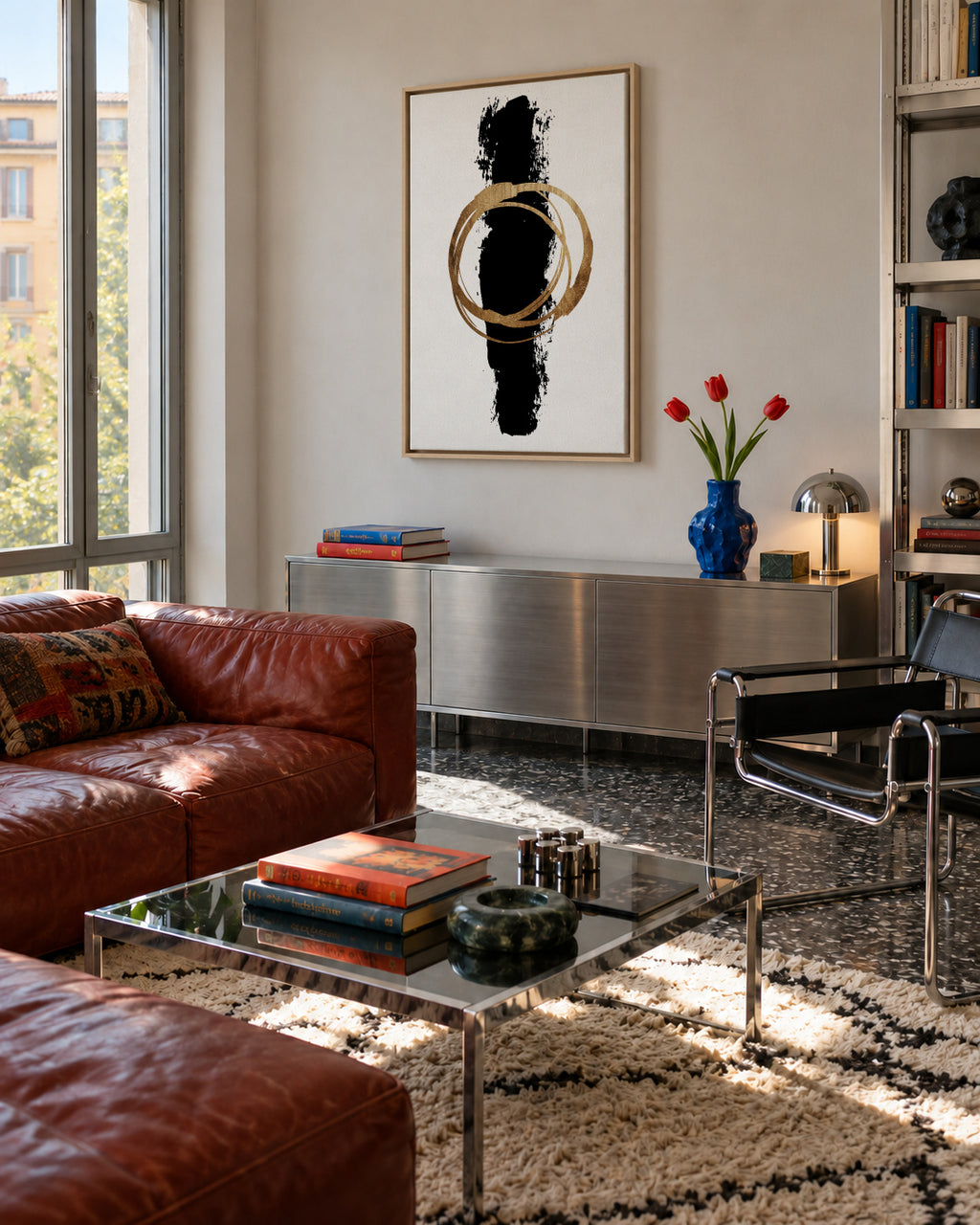 Circle and line - Framed canvas in an interior