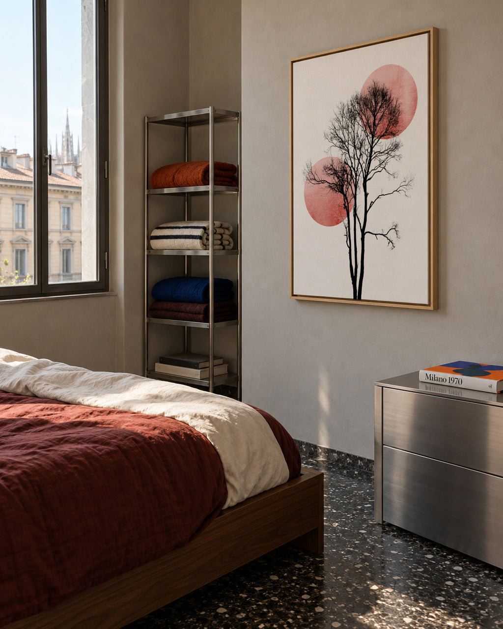 Sun and moon hiding - rosè - Framed canvas in an interior