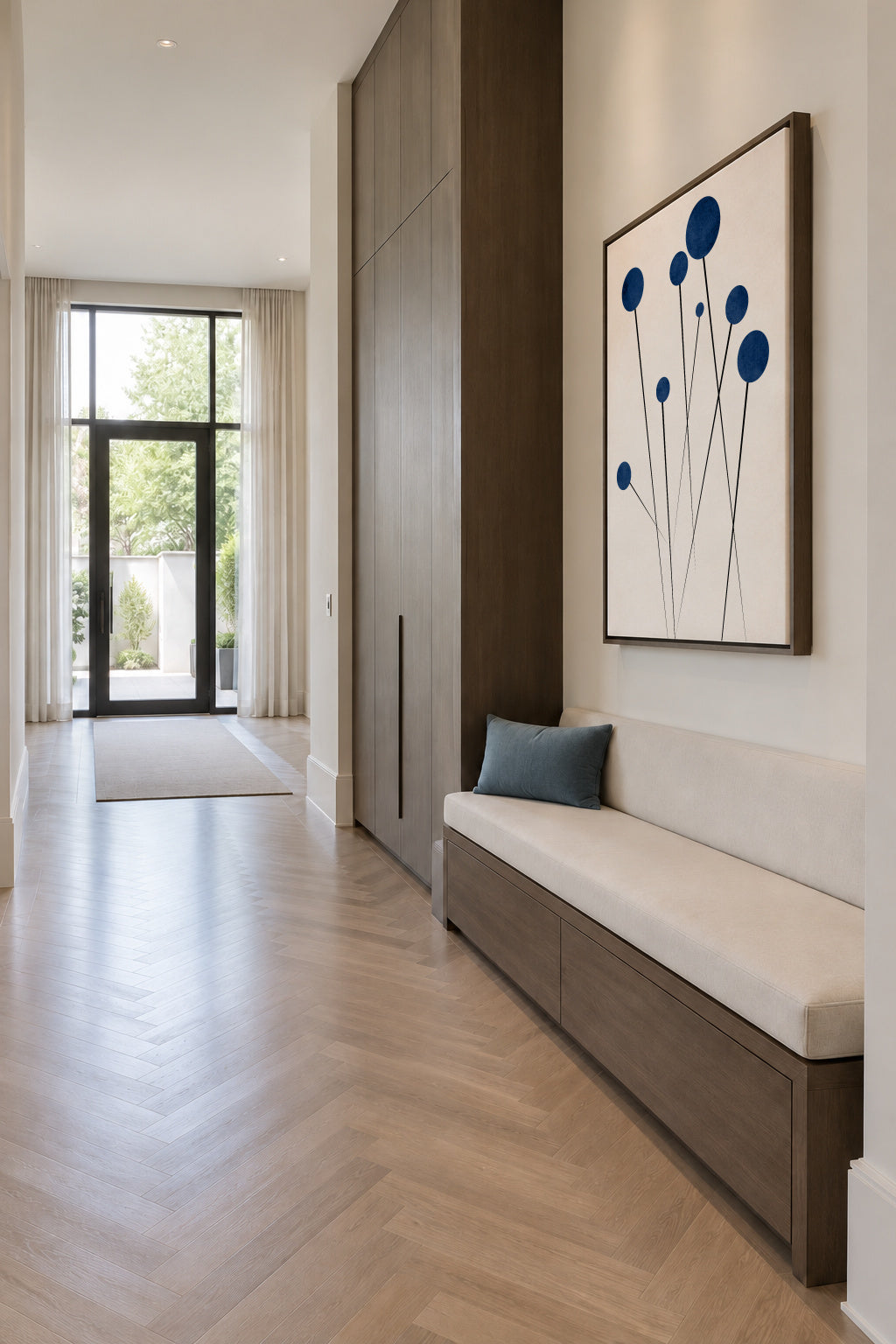 Blue Flowers In The Wilderness - Framed canvas in an interior