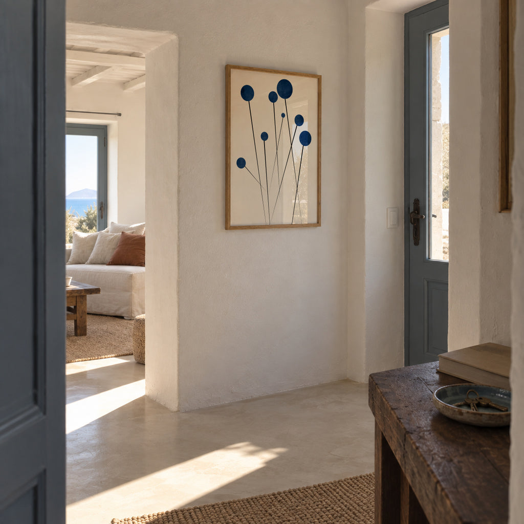 Blue Flowers In The Wilderness - Framed poster in an interior