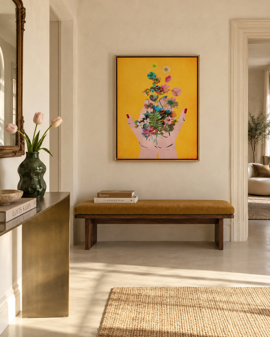 Fridas hands yellow - Framed canvas in an interior
