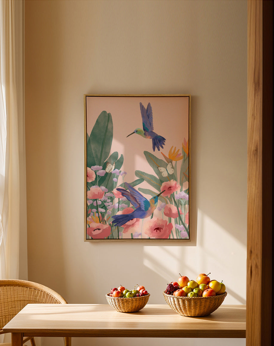 Hummingbirds - Framed canvas in an interior