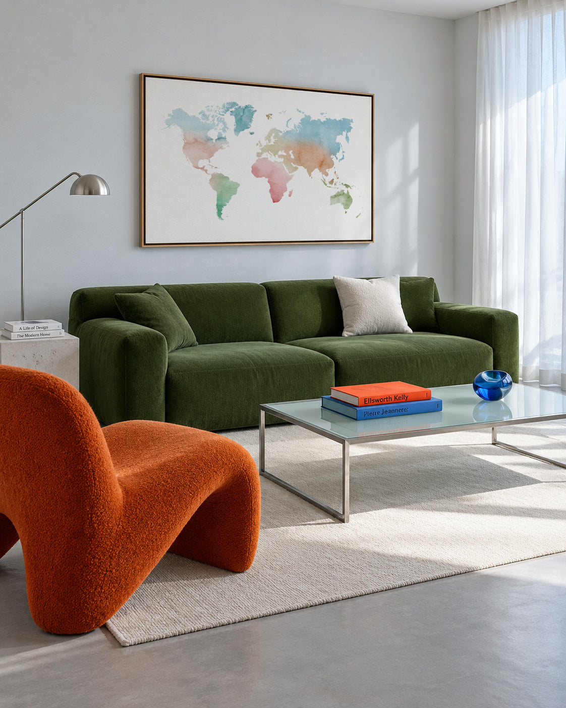 Watercolor World Map - Pastel colors - Framed canvas in an interior