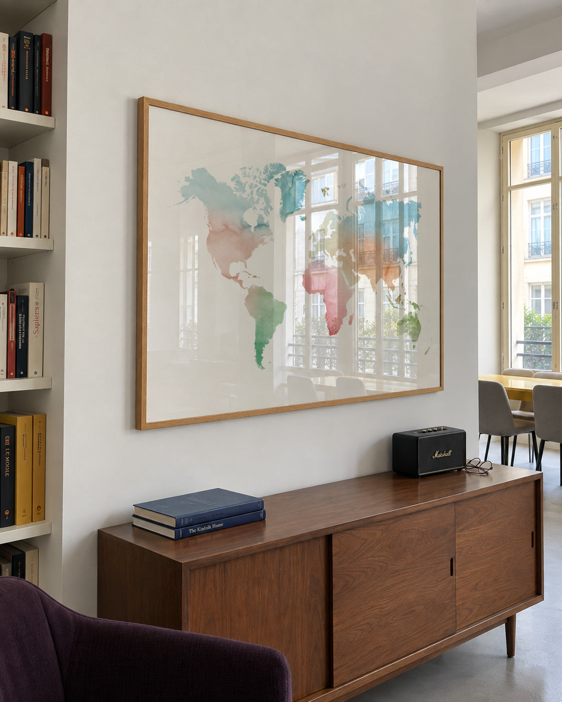 Watercolor World Map - Pastel colors - Framed poster in an interior