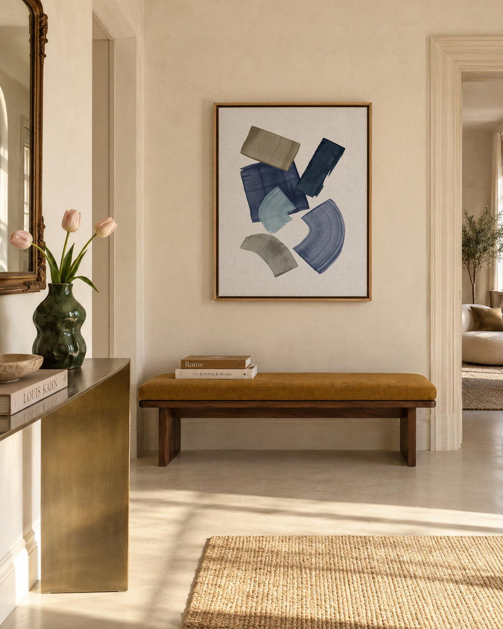 Blue & Brown Paint Blocks - Framed canvas in an interior