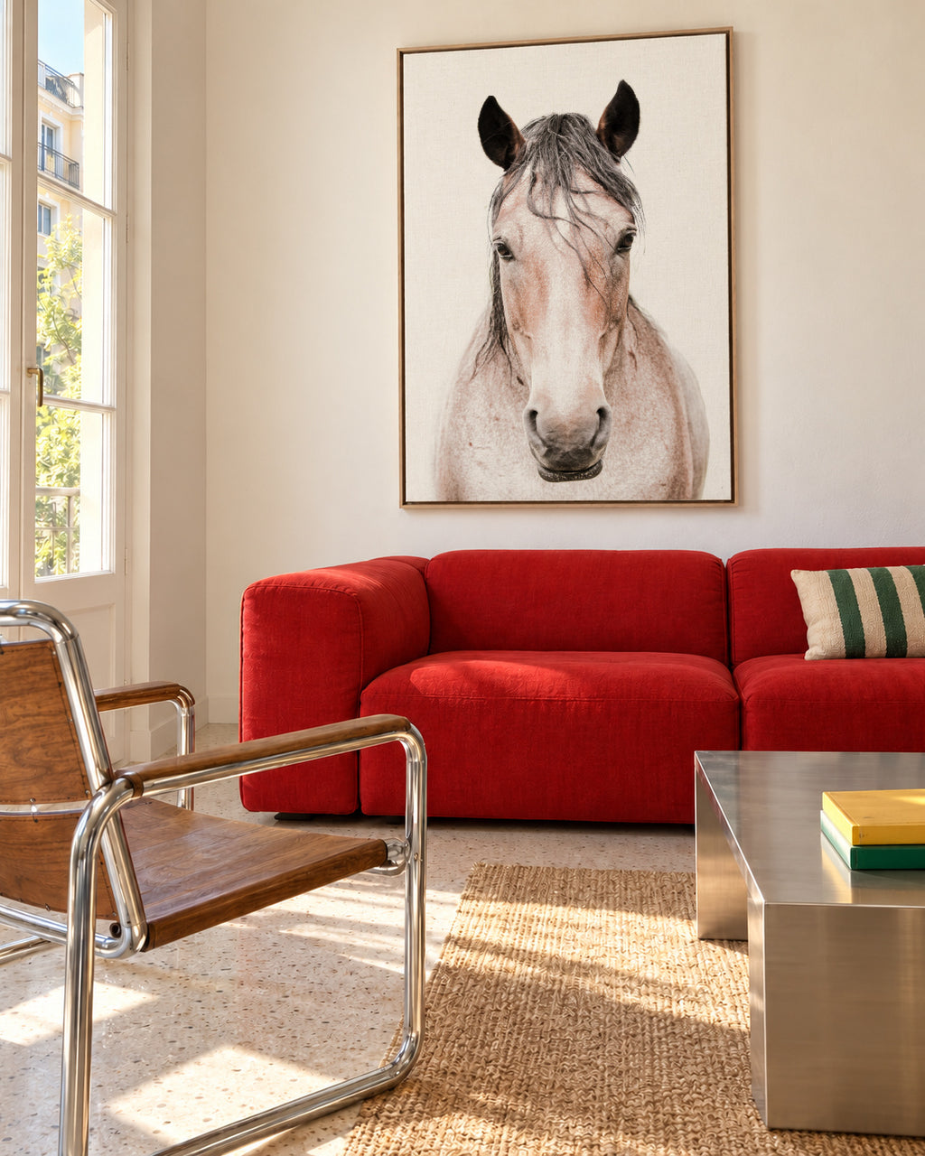 Red Horse 2 - Framed canvas in an interior