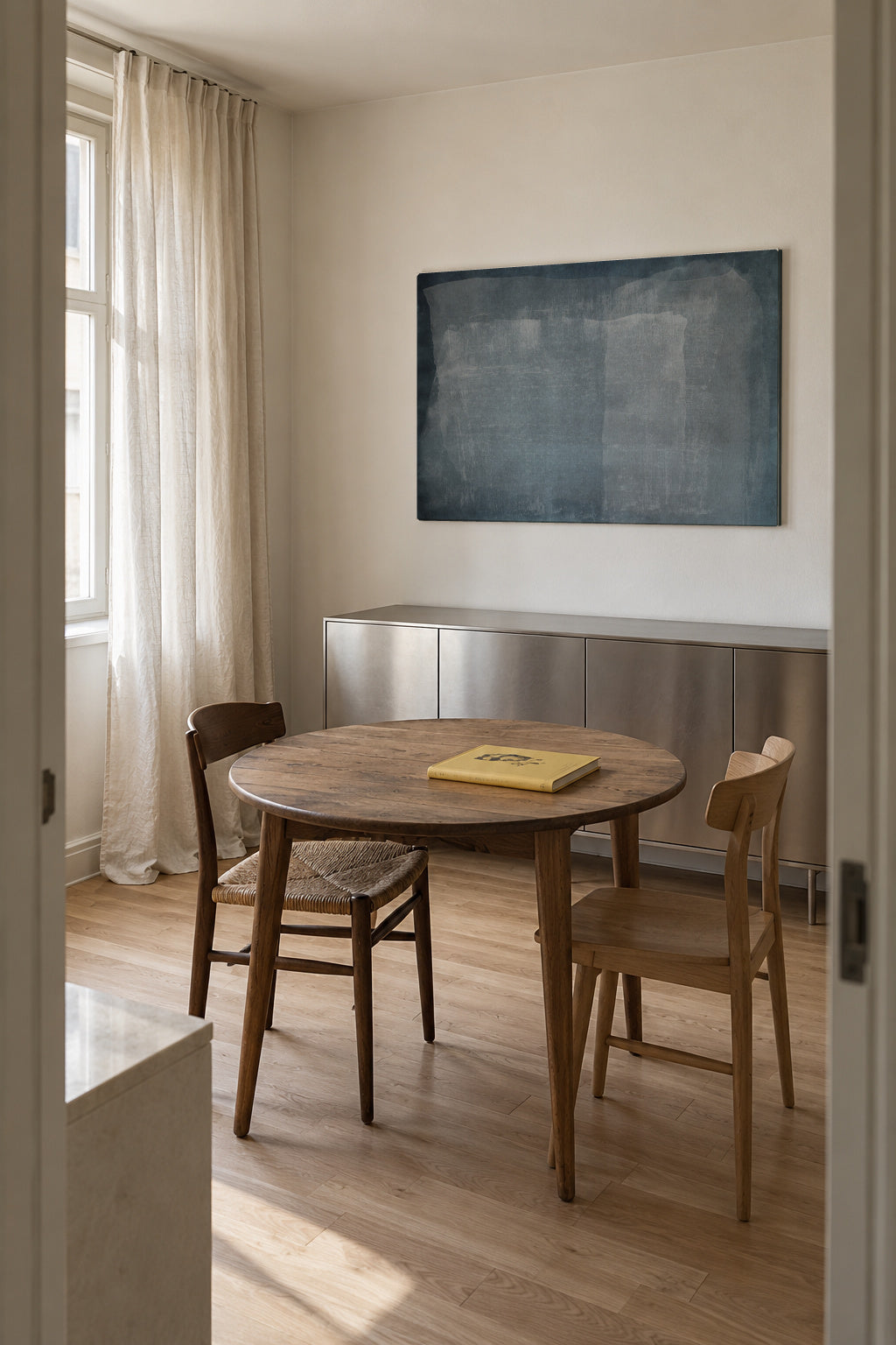 Minimal Abstract Blue Colorfield Painting 05 - Unframed canvas in an interior
