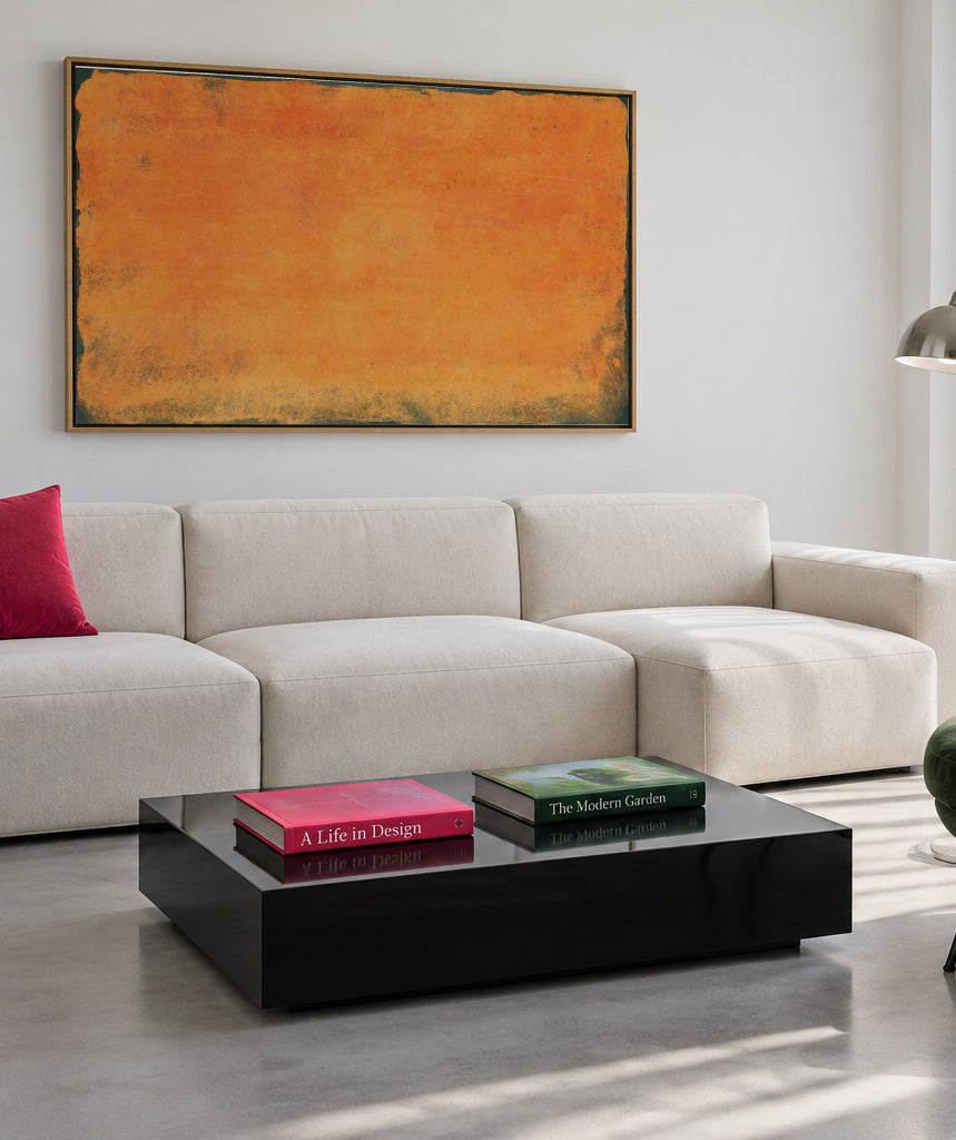 Minimal Orange Abstract Colorfield Painting 01 - Framed canvas in an interior