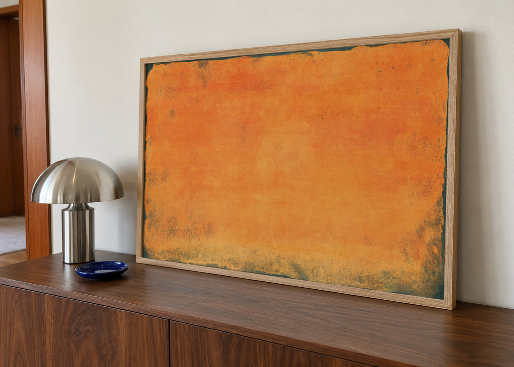 Minimal Orange Abstract Colorfield Painting 01 - Framed poster in an interior