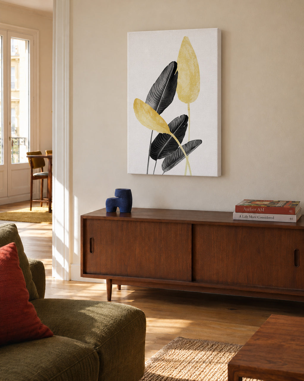Bird of Paradise Plant Black, White and Gold 02 - Unframed canvas in an interior