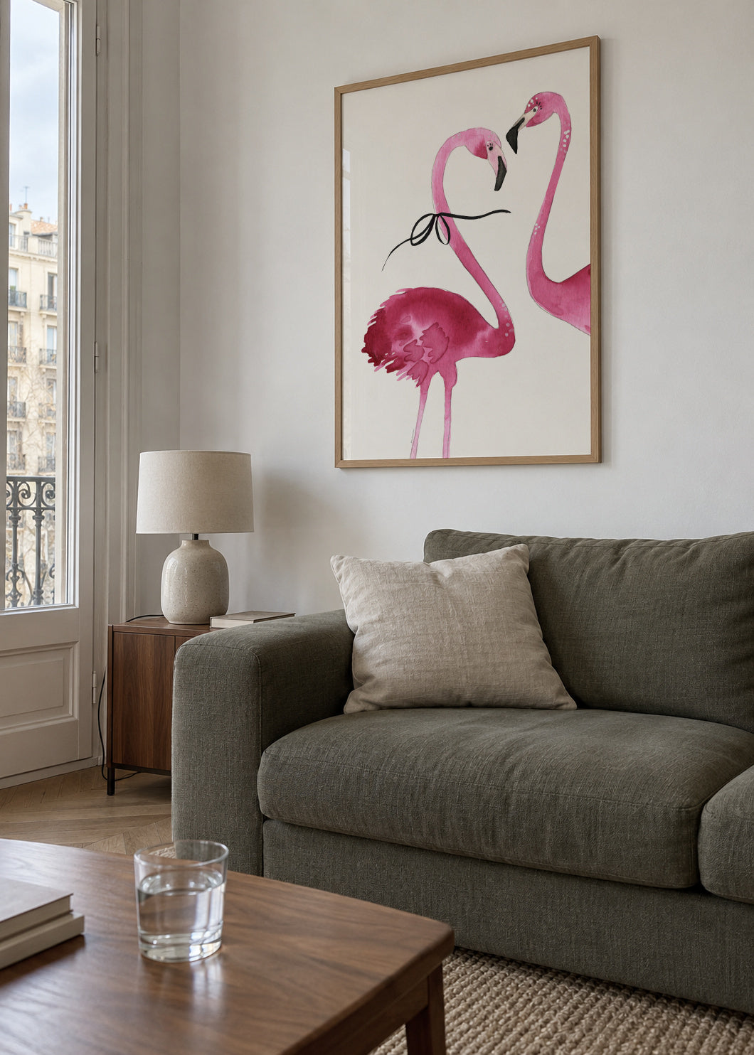 Flamingo couple cropped - Framed poster in an interior