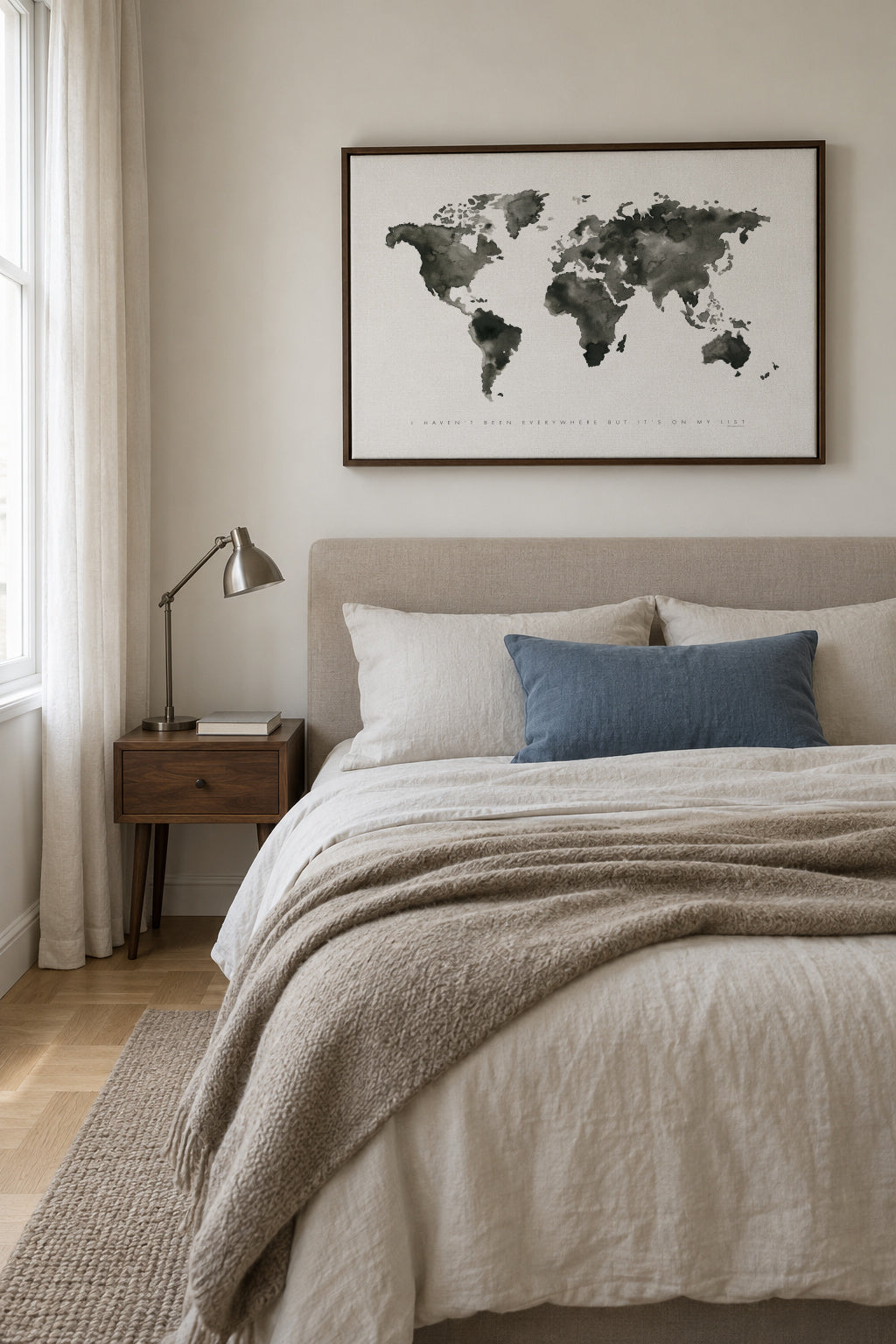 World map monochrome - Framed canvas in an interior