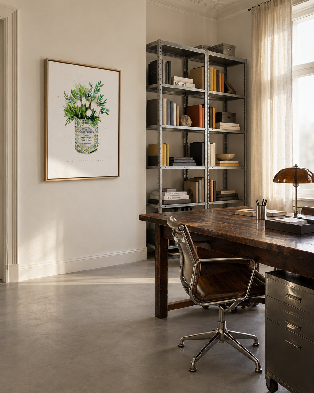 White Tulips Vintage Can - Framed canvas in an interior