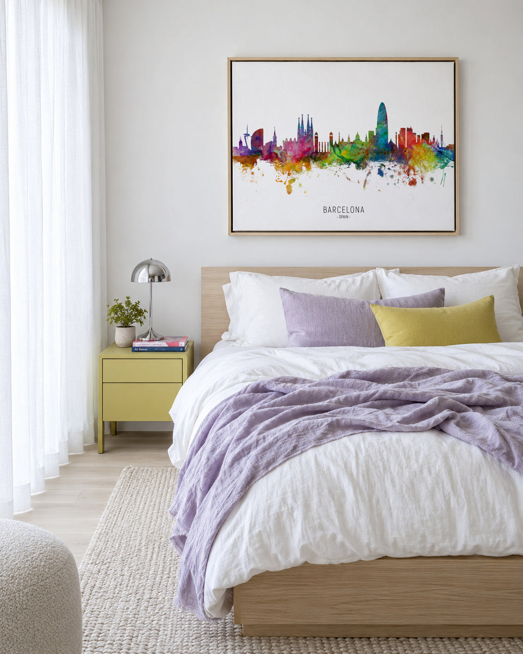 Barcelona Skyline multicolor - Framed canvas in an interior