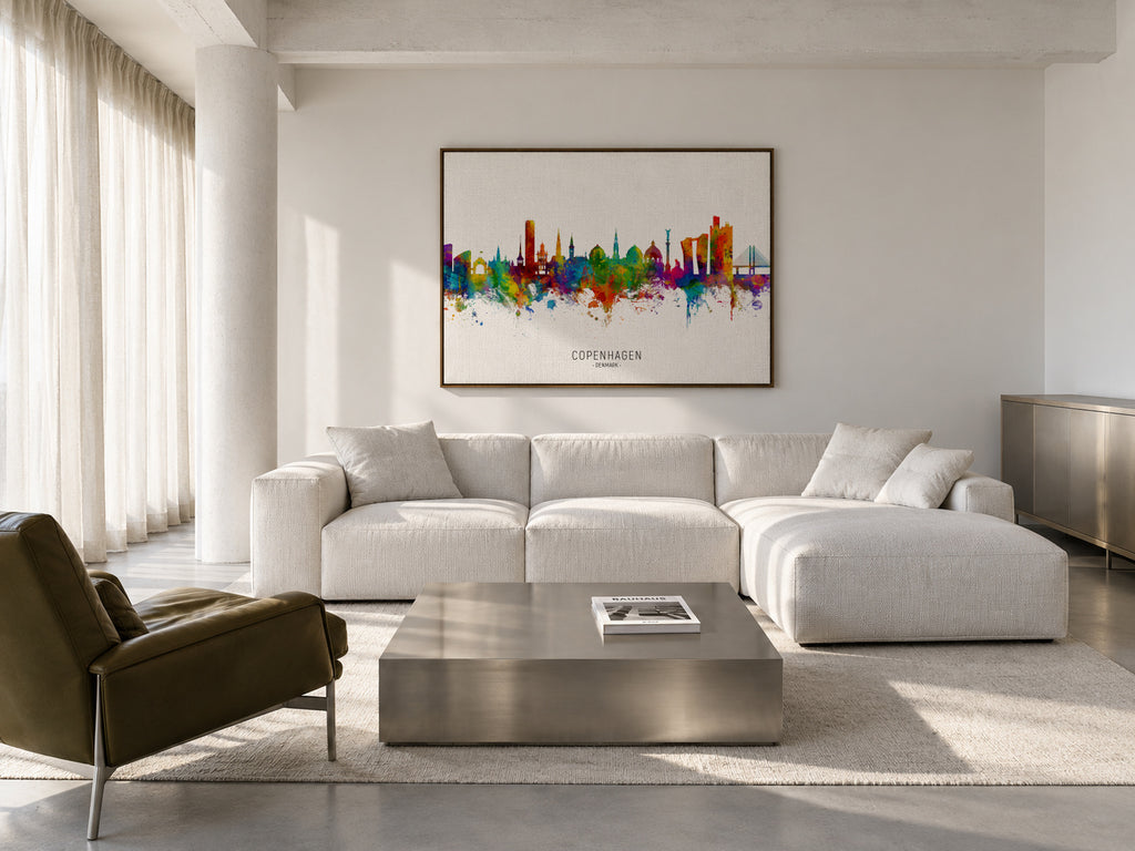 Copenhagen Skyline multicolor - Framed canvas in an interior