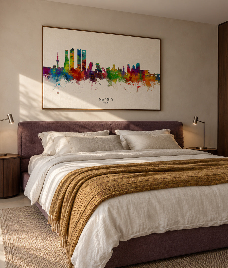 Madrid Skyline multicolor - Framed canvas in an interior