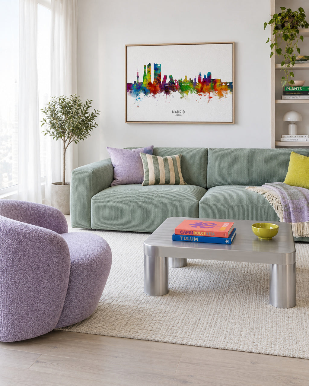 Madrid Skyline multicolor - Framed canvas in an interior