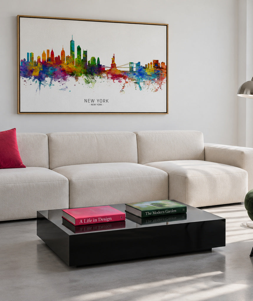New York Skyline multicolor - Framed canvas in an interior