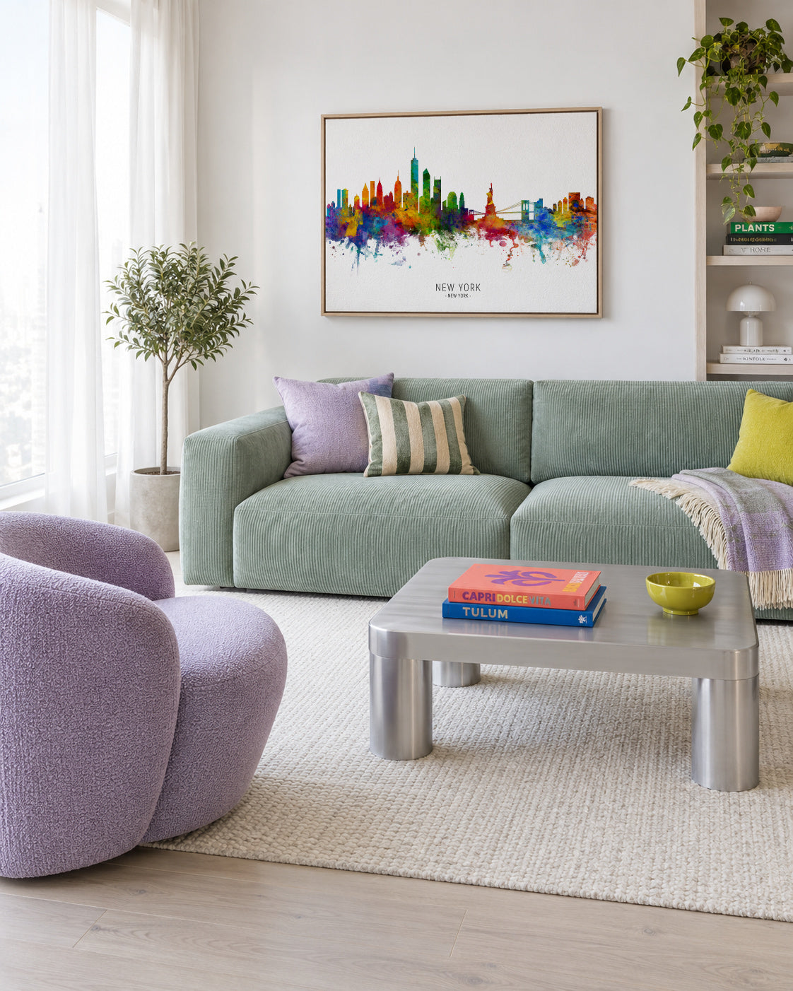New York Skyline multicolor - Framed canvas in an interior