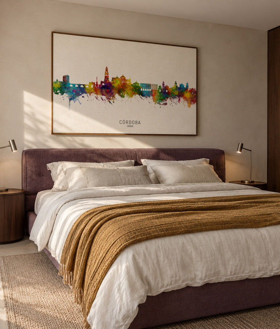 Córdoba Skyline multicolor - Framed canvas in an interior