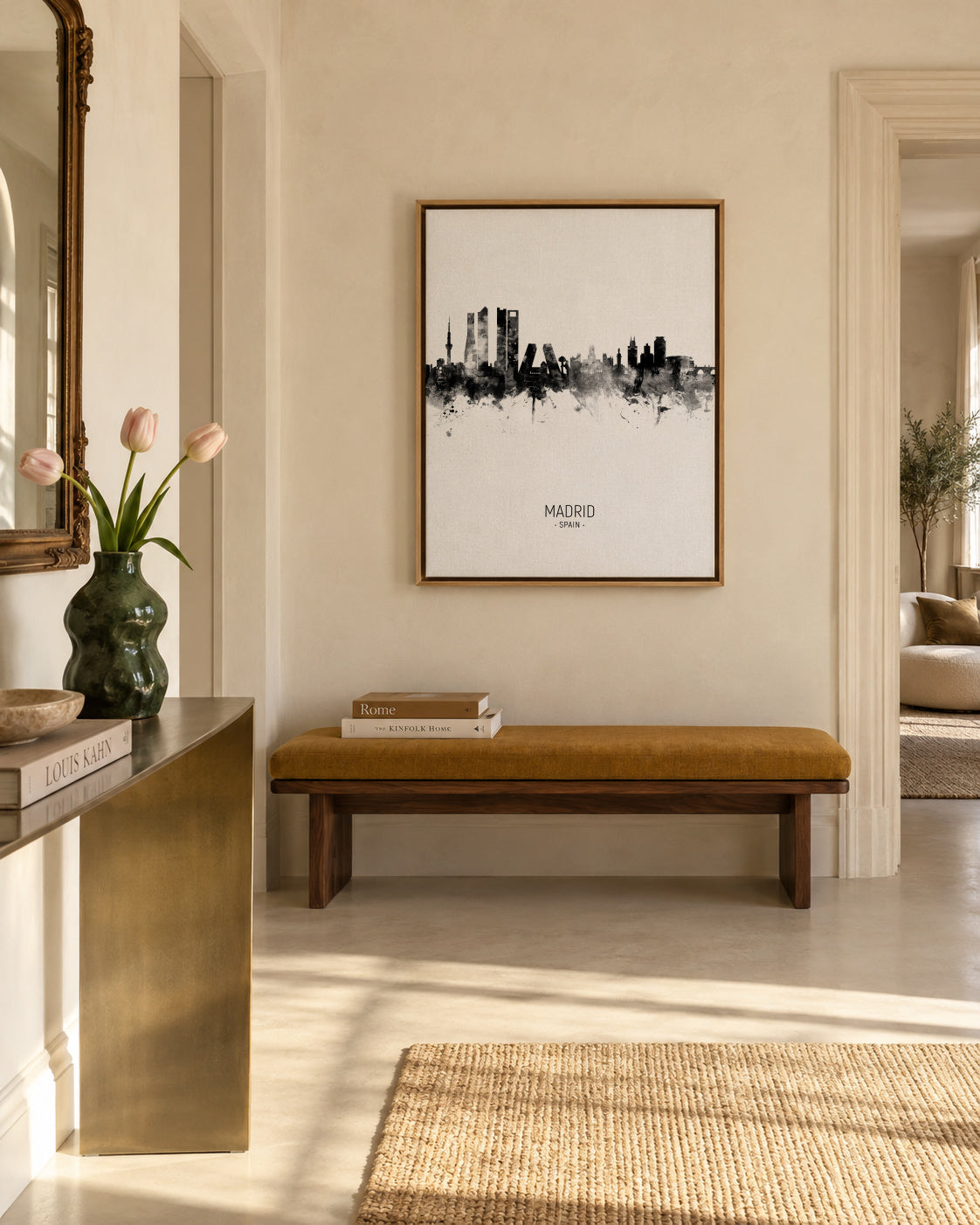 Madrid Skyline en blanco y negro - Framed canvas in an interior