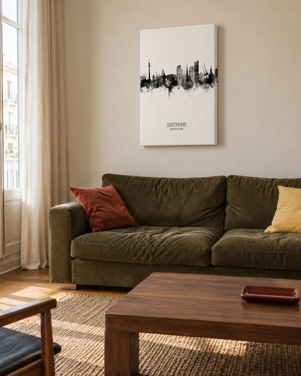 Dortmund Skyline en blanco y negro - Unframed canvas in an interior