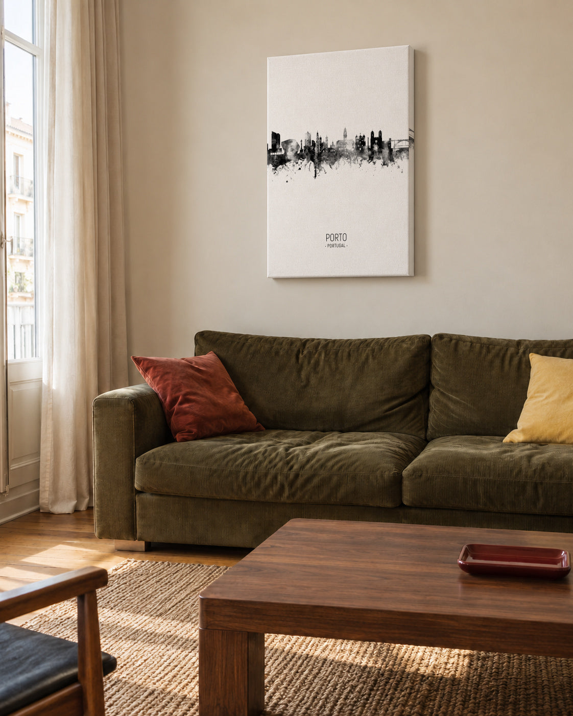 Porto Skyline en blanco y negro - Unframed canvas in an interior