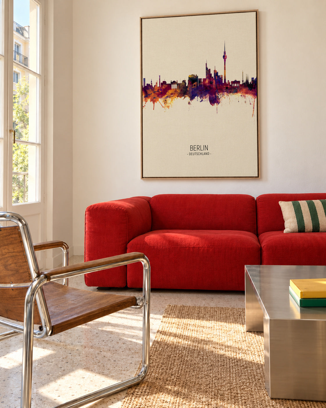 Berlin Skyline en beige - Framed canvas in an interior