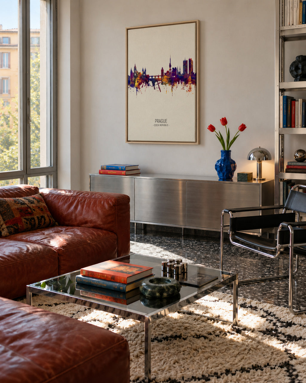 Prague Skyline en beige - Framed canvas in an interior