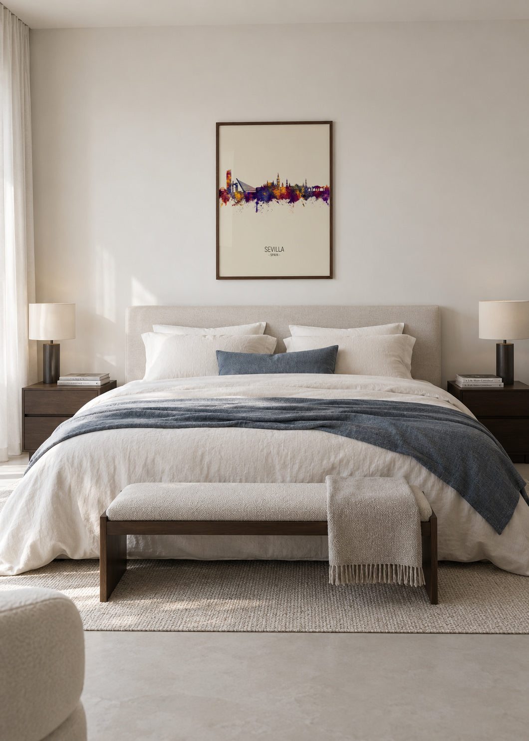 Sevilla Skyline en beige - Framed poster in an interior