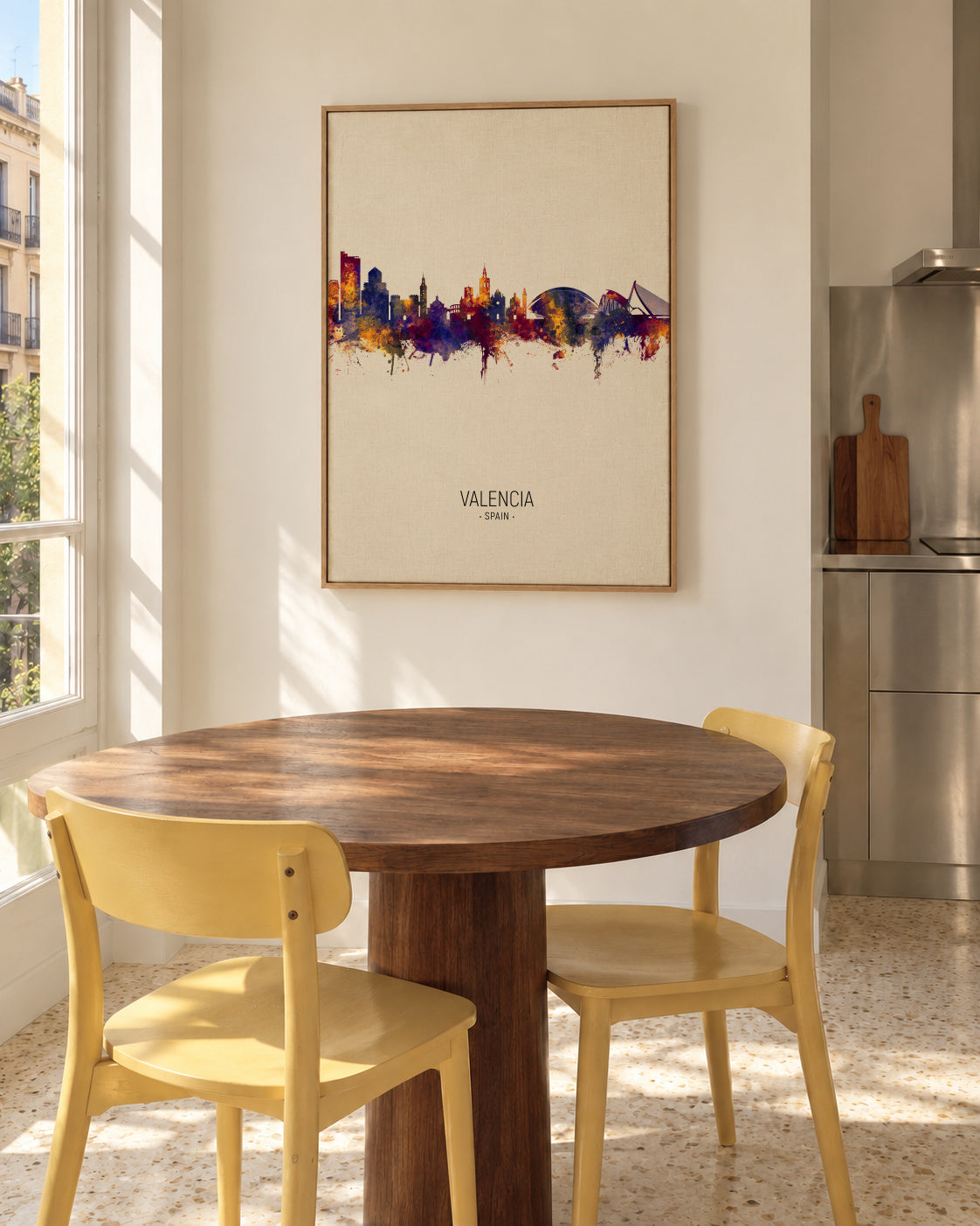 Valencia Skyline en beige - Framed canvas in an interior