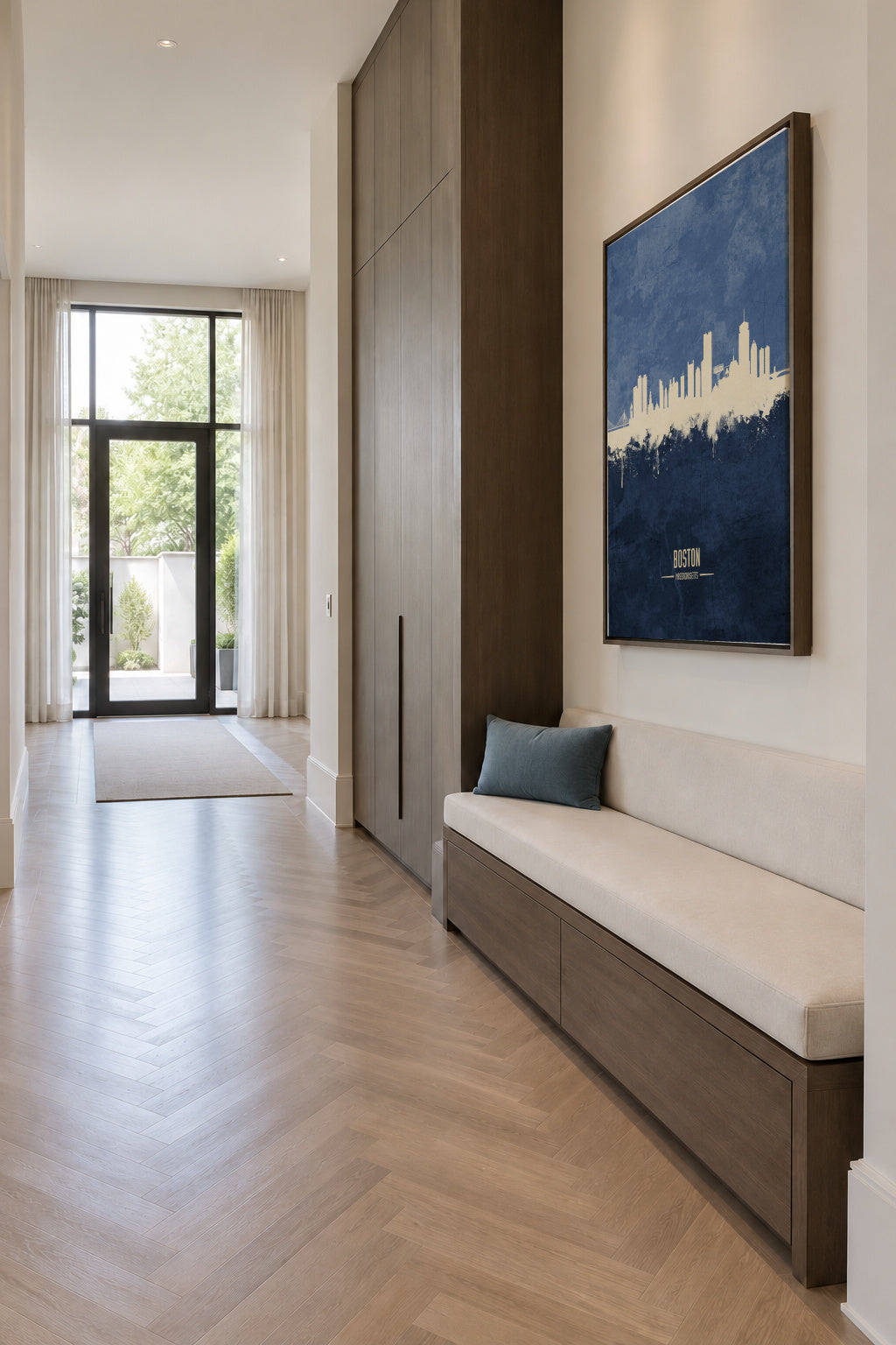 Boston Skyline Azul - Framed canvas in an interior