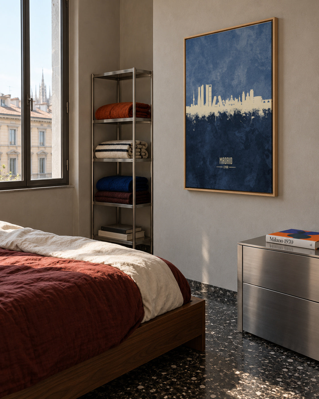 Madrid Skyline Azul - Framed canvas in an interior