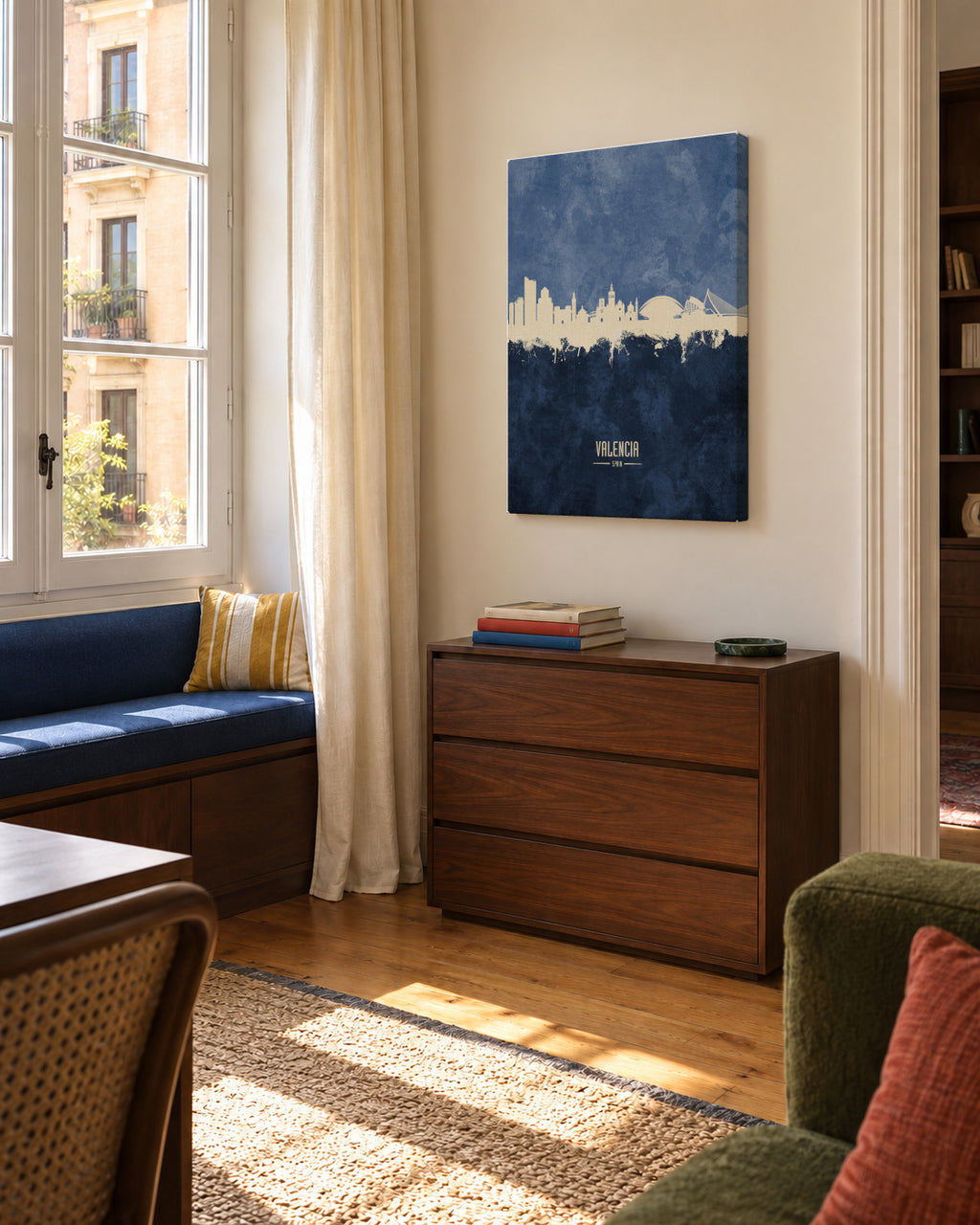 Valencia Skyline Azul - Unframed canvas in an interior