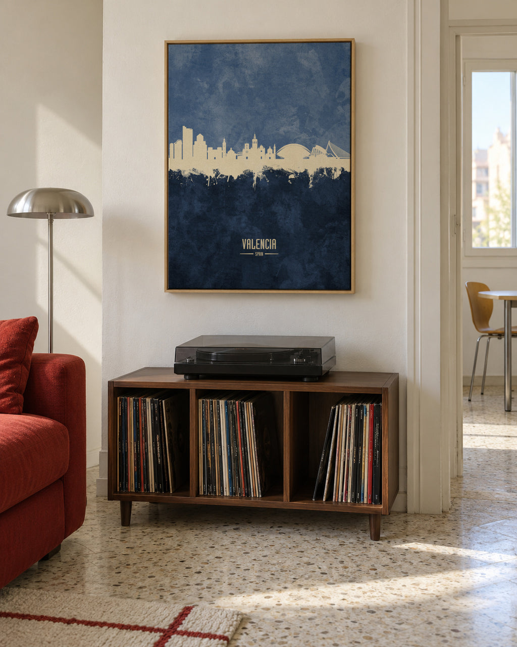 Valencia Skyline Azul - Framed canvas in an interior