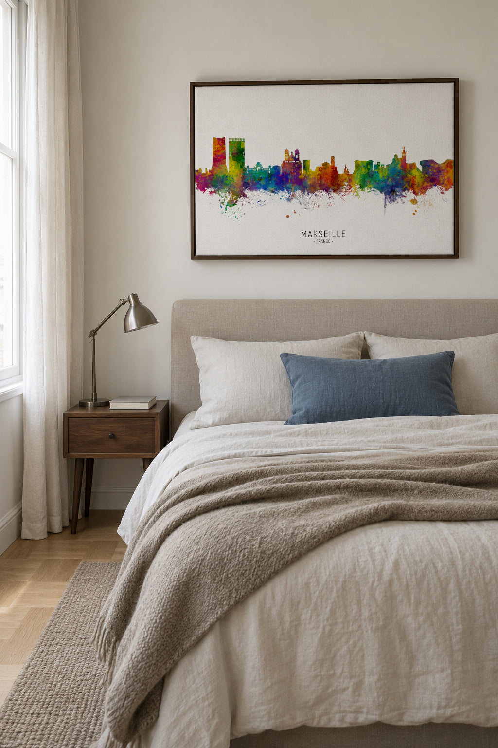 Marseille Skyline multicolor - Framed canvas in an interior