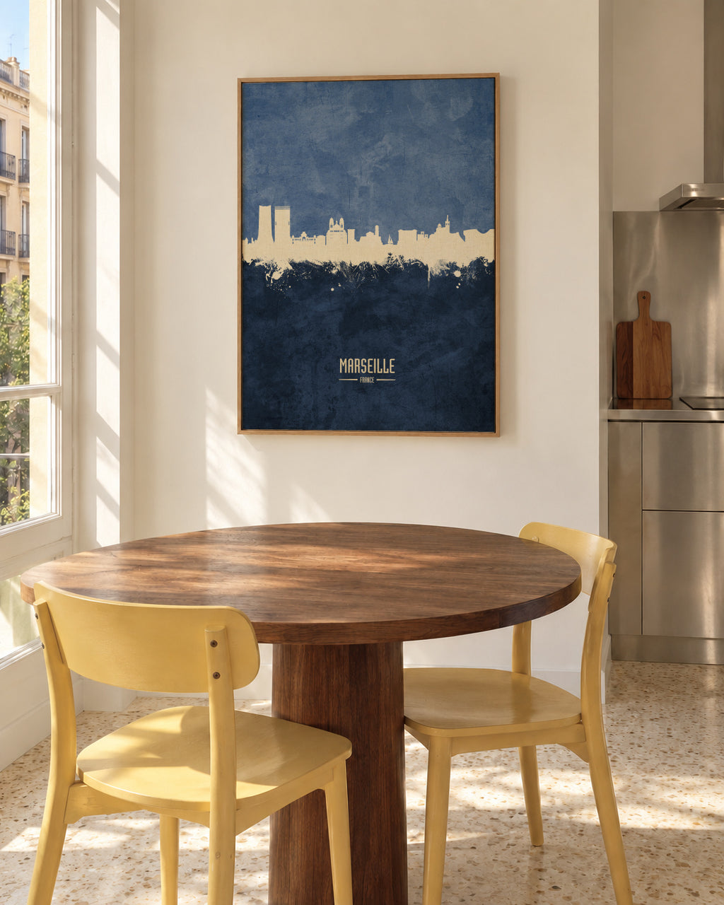 Marseille Skyline azul - Framed canvas in an interior