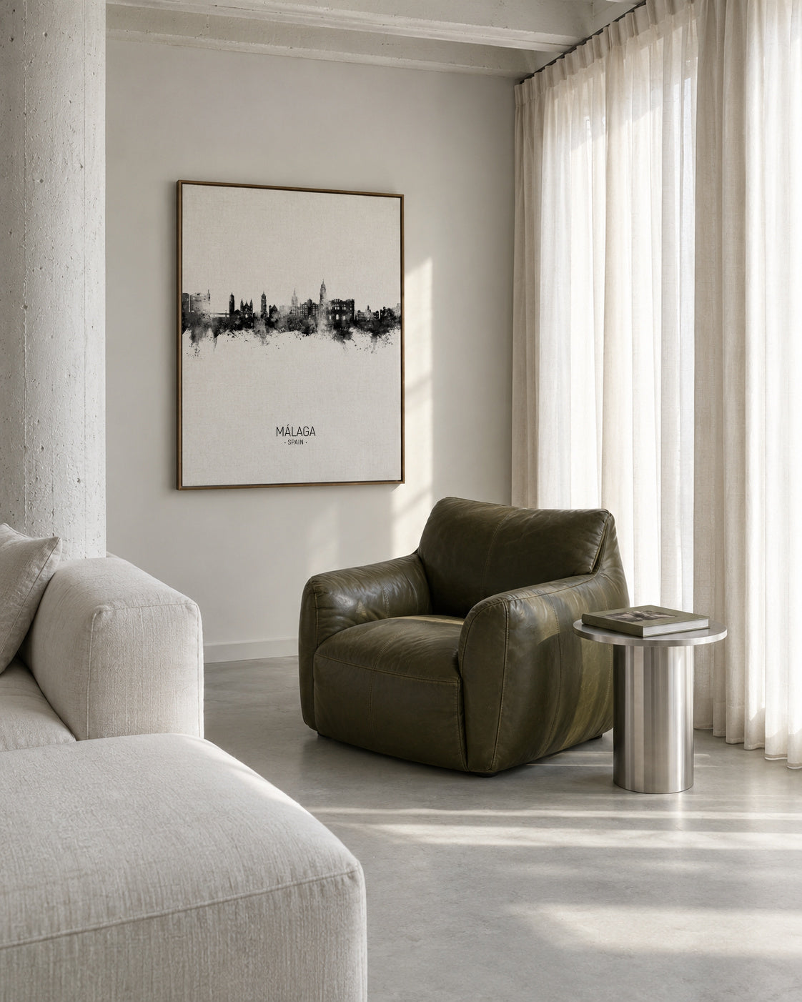 Málaga Skyline blanco y negro - Framed canvas in an interior