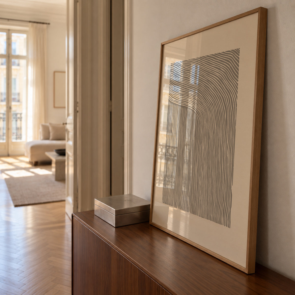 Stripes linocut Nº6 - Gray - Framed poster in an interior
