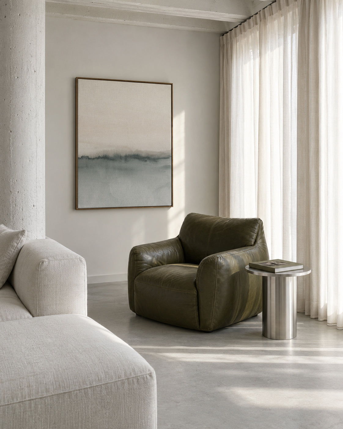 Watercolor landscape N 46 Soft coral & Gray 2/2 - Framed canvas in an interior