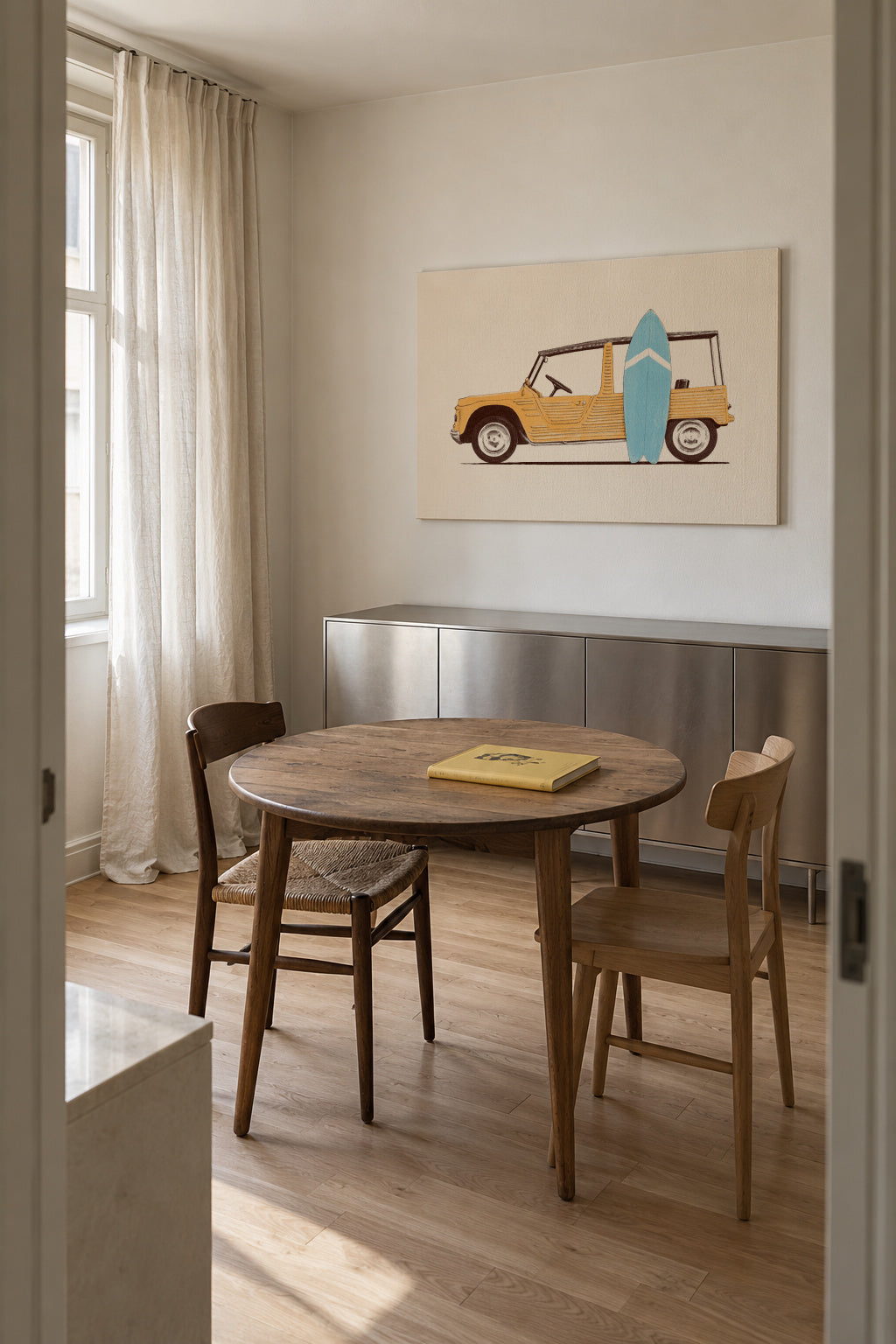 Vintage Car with Surfboard - Unframed canvas in an interior