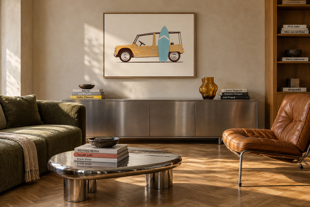 Vintage Car with Surfboard - Framed canvas in an interior