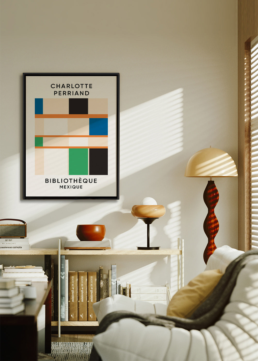 Geometrisches Poster mit Blöcken und Typografie 'Bibliothèque'