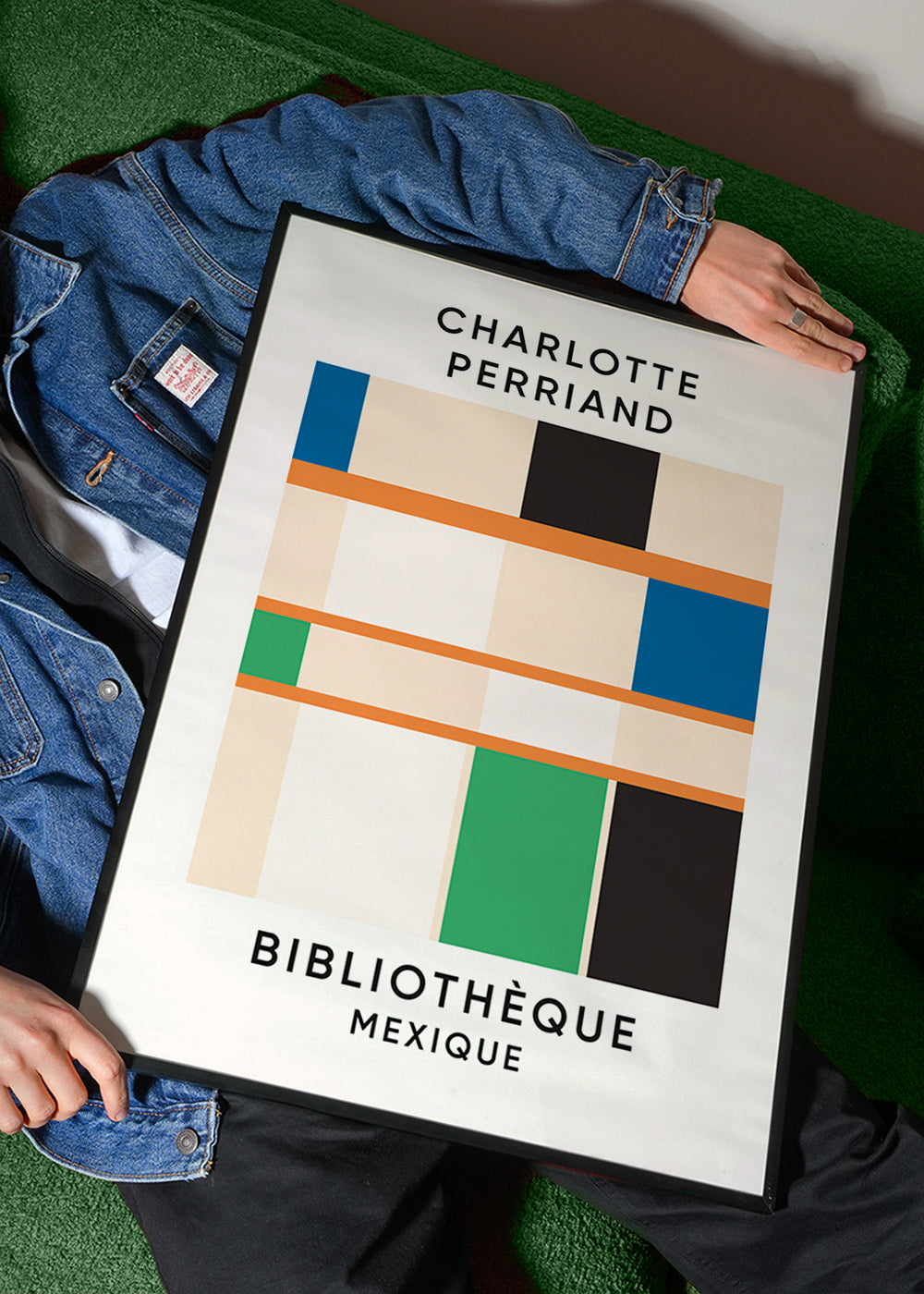 Geometrisches Poster mit Blöcken und Typografie 'Bibliothèque'