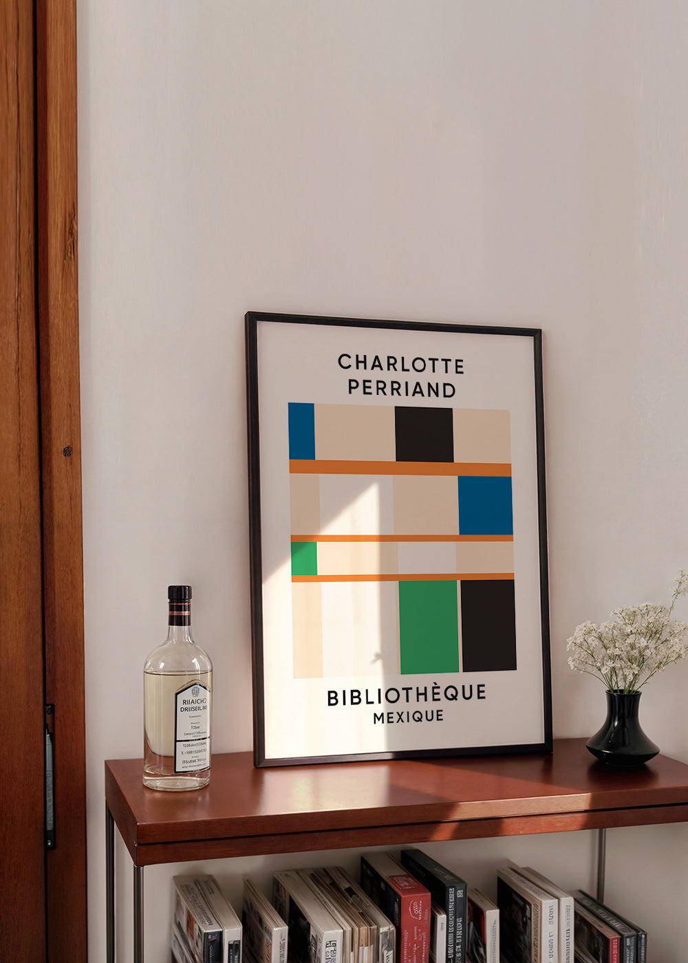 Geometrisches Poster mit Blöcken und Typografie 'Bibliothèque'