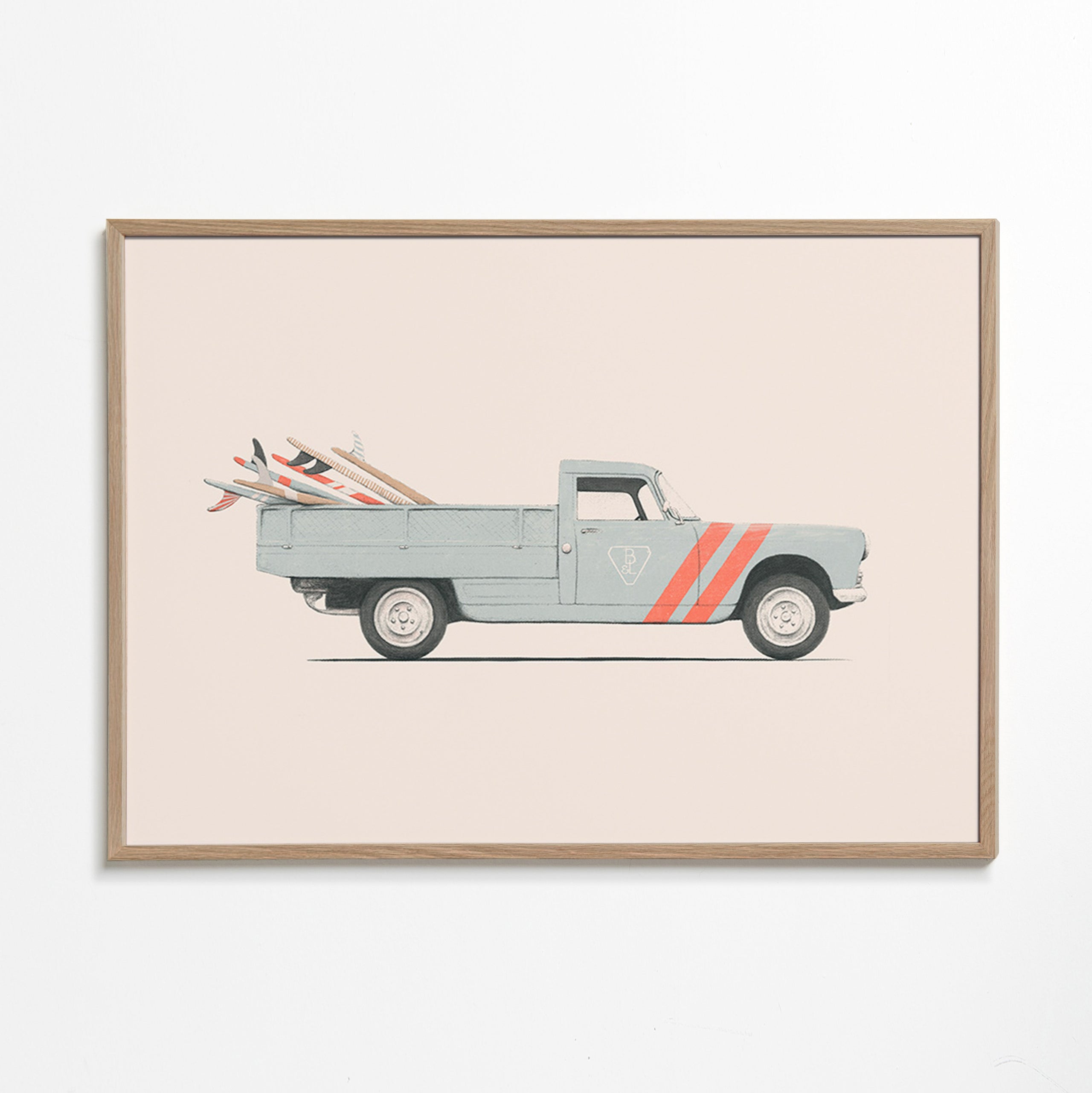 Vintage-Druck Pickup mit Surfbrettern