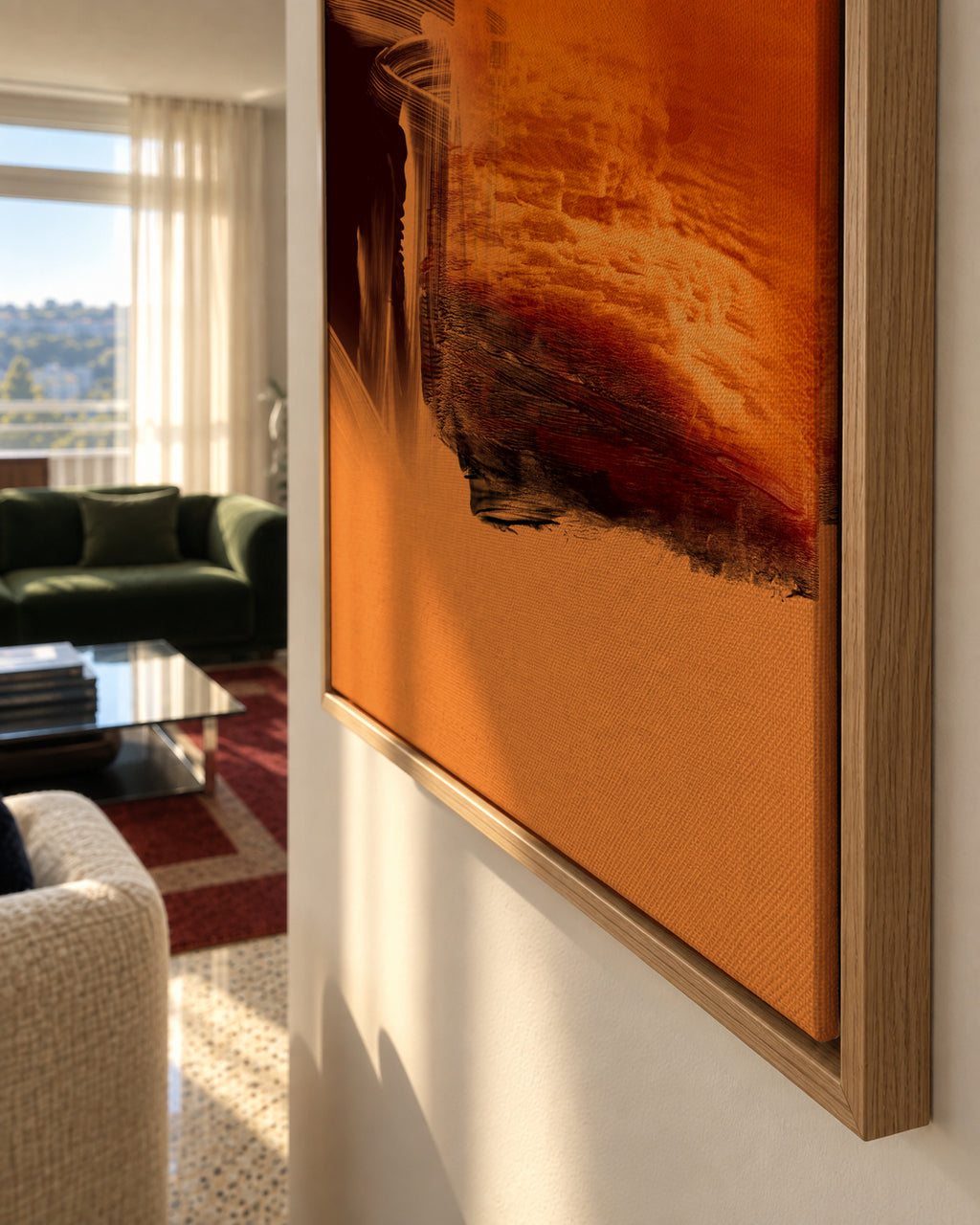 Expressive Fiery Orange Abstract - Framed canvas detail