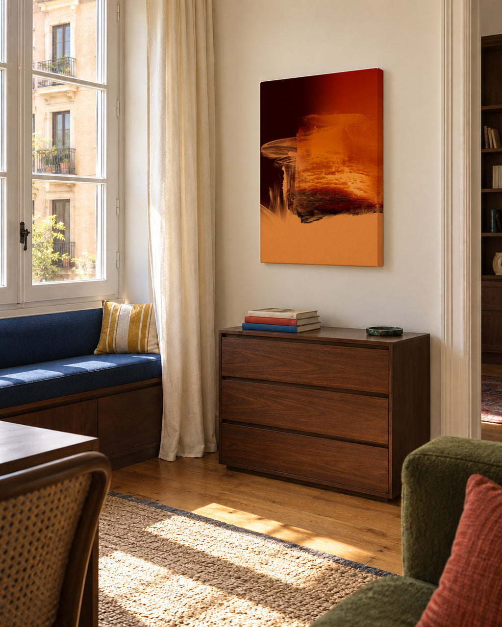 Expressive Fiery Orange Abstract - Unframed canvas in an interior